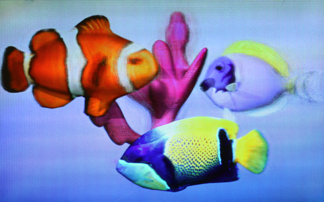 A new glasses-free 3-D video system uses three layered LCD panels to build a composite image that would reach one eye at one viewing angle.
