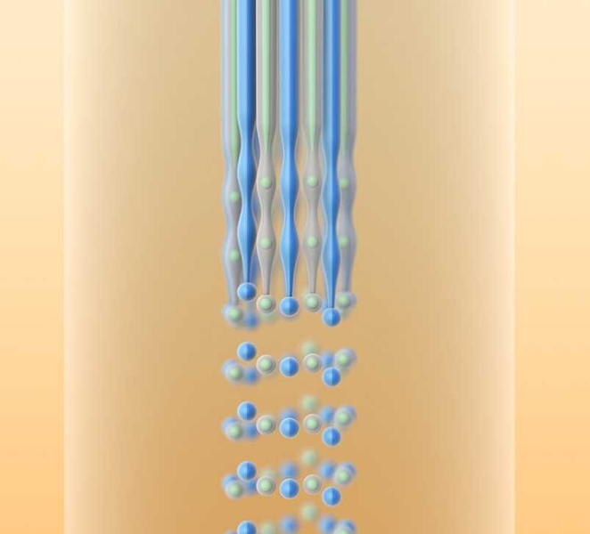 Illustration shows a molten fiber, a fiber dissolving into small particles