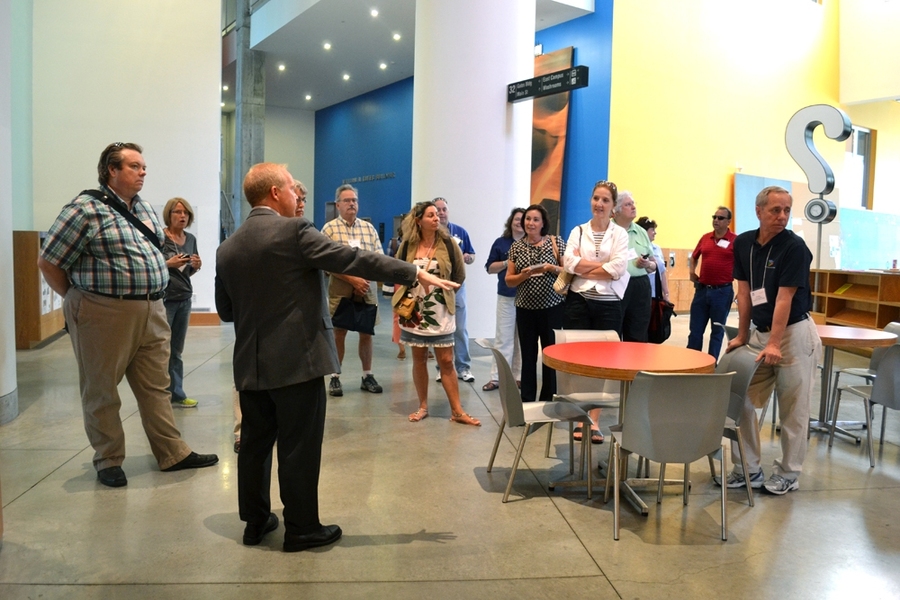Residential Life &amp; Dining's Michael Myers and Marlena Love guided NACUFS members to and from each tour destination, providing background on the MIT Dining program as well as general MIT history.
