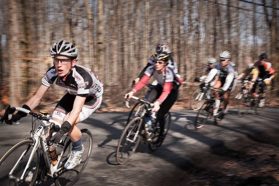 Zachary Ulissi leads the Men's B field through a turn at the season opener at Rutgers. Ulissi would go on to win the race and be a consistent force in A races. Laura Ralston (center) was one of a handful of A women in the conference strong enough to race with the men for training purposes. 