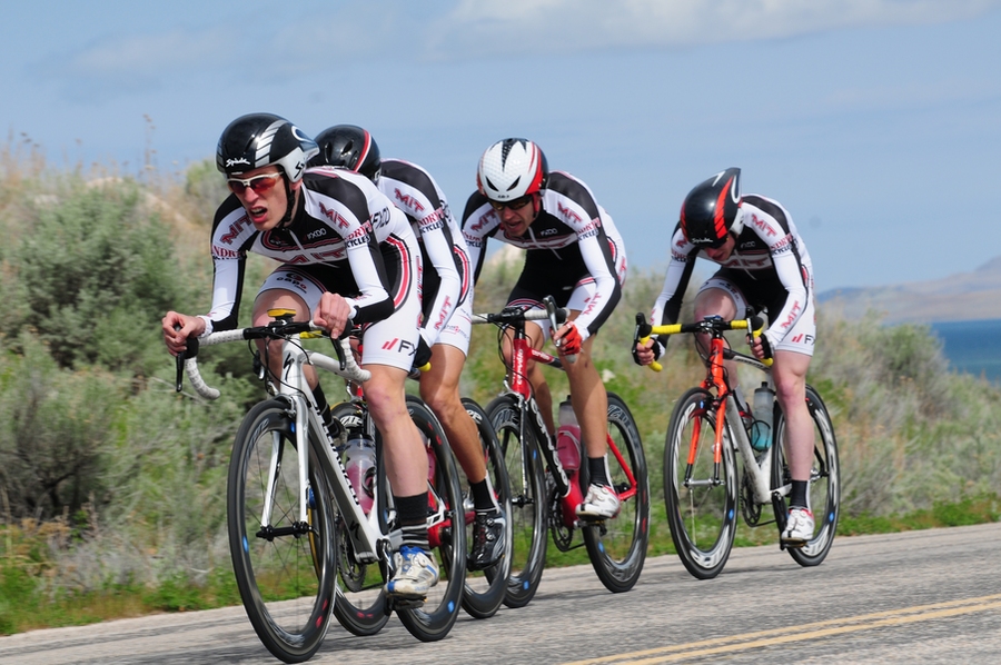The men's team time trial squad rode to a second place finish at Nationals, averaging 28 miles per hour over the 19.8 mile course. In the team time trial riders take 20-40 second 'pulls' before rotating to the back of the paceline to draft and recover. The strong crosswinds at nationals necessitated 'echeloning' or angled drafting for optimal efficiency. This year the team used...
