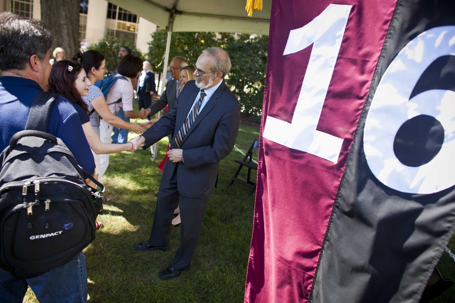 Chancellor Eric Grimson greets students after the ceremony.