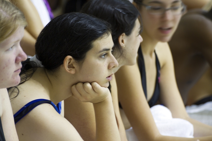 This year, nearly 800 students lined the pool deck across two sessions to take the swim test. DAPER staff do a great job keeping things moving, but sometimes a little patience may be required, as Sarah Coe '16 found out.