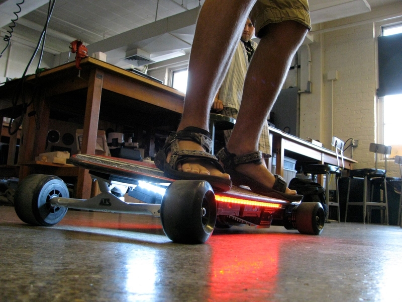 Students in the Edgerton Center Engineering Design Workshop enhanced a motorized longboard by including running lights. Edgerton Center projects run the gamut, from home brew Segway look-alikes to hovercrafts. In the process students learn how to build something from their own idea to its final iteration. 