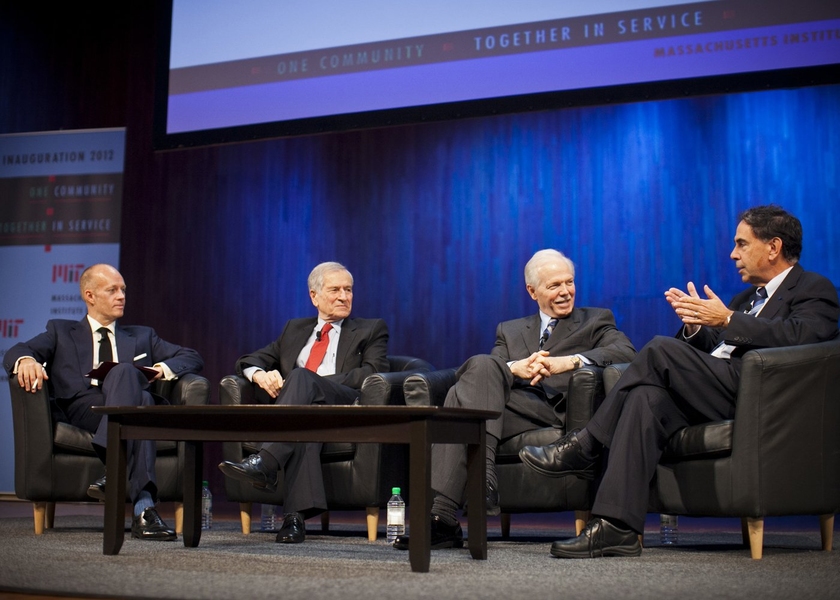 MIT has created global partnerships with institutions of higher education across the globe. In a panel at Thursday's symposium, presidents from three of those institutions spoke, including, from right, Edward Crawley, president of the Skolkovo Institute of Science and Technology; Thomas Magnanti, president of the Singapore University of Technology and Design; and Fred Moavenzadeh, the presiden...