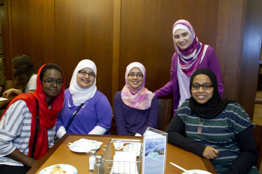 The study break drew international students, as well as students from the United States with family and cultural ties to Arabic countries. Here, from left to right, Amna Magzoub '16 (Sudan), Hiba Chaabi '16 (Syria), Maha Shady '16 (Egypt), Noor Doukmak '14 (Syria), and Lena Abdalla '16 (Sudan).