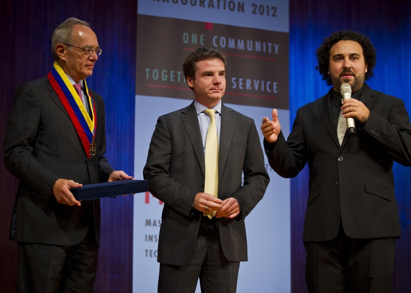 The members of the Caracas Brass brought with them a proclamation, from El Sistema — a music education program in Venezuela — for President L. Rafael Reif. The proclamation, in Spanish, was translated for the audience by MIT's executive vice president and treasurer, Israel Ruiz, center, who is a native of Barcelona.