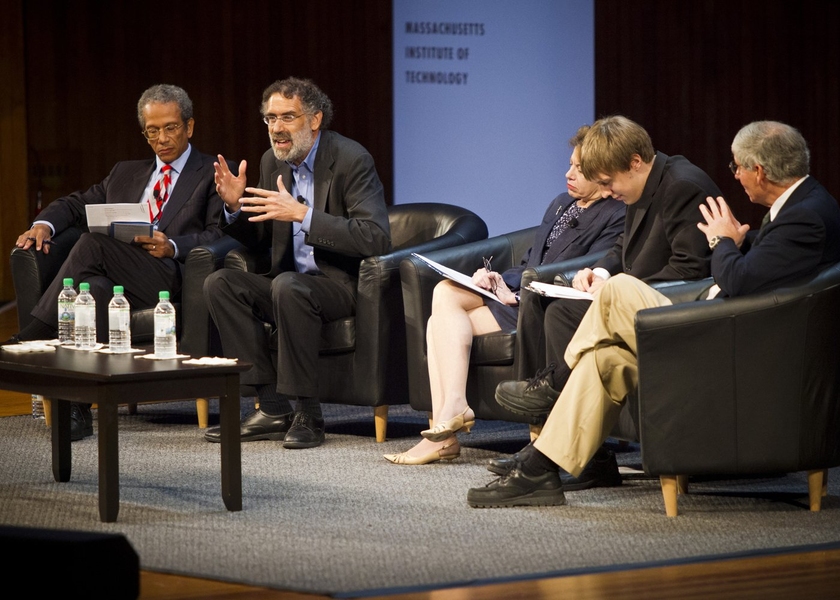 An afternoon panel on 'Rethinking Learning for the 21st Century' included, from left, Daniel Hastings SM '78, PhD '80, MIT's dean for undergraduate education; Mitchel Resnick SM '88, PhD '92, head of the Program in Media Arts and Sciences; Lori Breslow, director of the Teaching and Learning Laboratory at MIT; MIT Sloan School of Management senior Michael Plasmeier, and ...