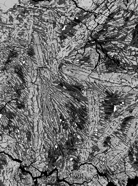An electron micrograph image of a meteorite sample from the asteroid Vesta. Dark, finely striated regions represent rapidly cooled material. Light-colored crystals represent a second slower-cooling period, in which an ancient dynamo may have resided.