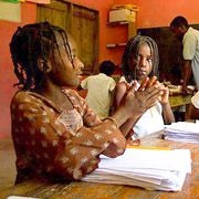 Haitian children learning STEM materials in Kreyòl.