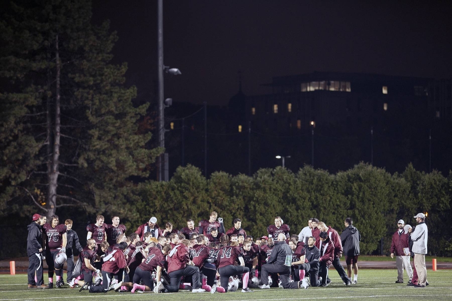 Head coach Chad Martinovich gathered the team in the endzone to talk about the effort after the game was over. With the win, the Engineers improved their record to 4-3 overall and 3-2 in the New England Football Conference.