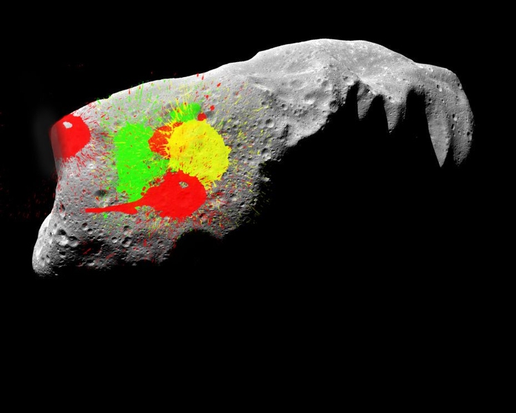 Image of an asteroid with red, green, and yellow blobs of color superimposed