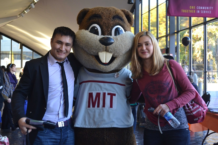 While students visited each table and collected information, there were also plenty of other opportunities to have fun — the MIT way. Whether it was a game of corn hole outside with DAPER or taking a photograph with Tim the Beaver, like Zhan Orazalin '12 (left) and Irina Zhelavskaya (right) did, there was plenty to do at the MIT Wellness Fair.