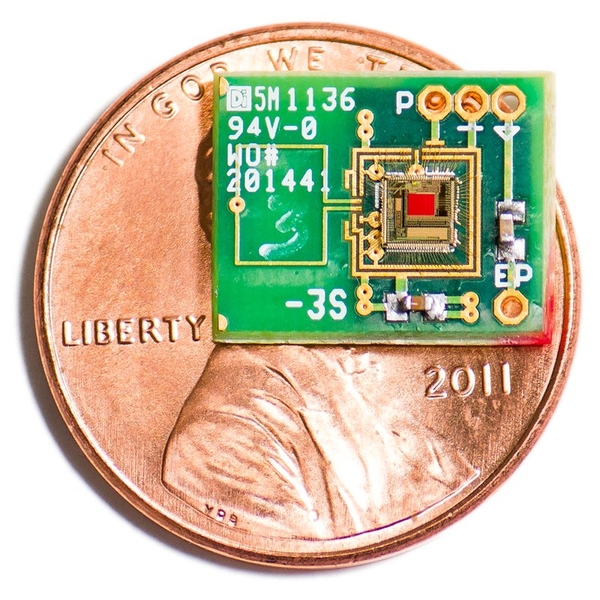 The chip is small enough to fit in the cavity of the middle ear.