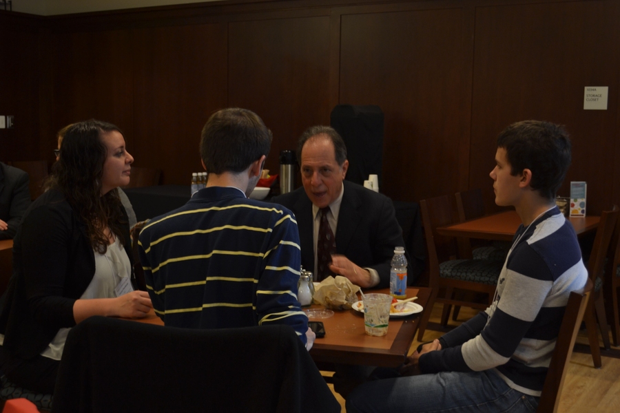 Before his keynote, Kimmel met with MIT students during a breakfast discussion. In this photo, he talks to Area Director Lauren Piontkoski, IFC President Tommy Anderson and IFC Executive Assistant Alex Kiefer.