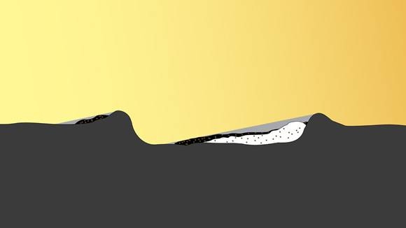 The ice retreats further to a stable long-term configuration. In the coldest areas, water ice remains on the surface. In the warmer areas, the ice is covered by an ice-free surface layer that is rich in organic impurities that have been darkened by exposure to Mercury's space environment.  
