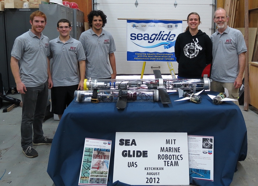 Left to right, Tommy Moriarty, Adrian Tanner, David Wise, Jacqueline Sly, and Ed Moriarty participated in the Sea Glide outreach program, in which middle and high school students built small underwater gliders.