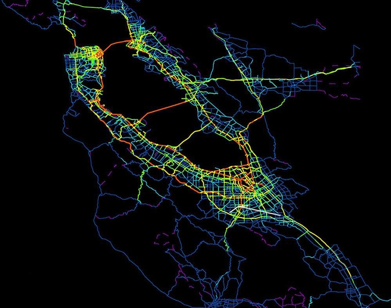 The color of the road segments in this image represents the number of neighborhoods that are major sources of drivers for that segment. Red is more than 100, yellow is 61 to 100, green is 41 to 60, dark blue is 1 to 20 and purple is none.