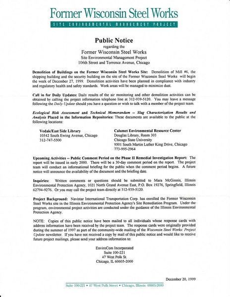 A public notice of the demolition of Wisconsin Steel, dated Dec. 20, 1999.