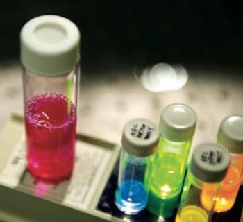 Samples of light-harvesting nanotubes (in the larger vial) and quantum dots that the researchers are synthesizing and studying as they search for novel approaches to collecting, transporting, and using solar energy.  