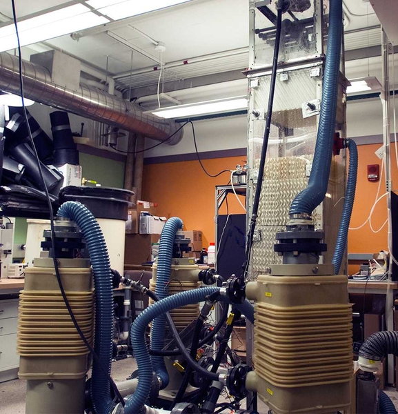 This 12-foot-high test unit, located in the Rohsenow Kendall Heat Transfer Laboratory at MIT, has demonstrated the principles of the new humidification-dehumidification system.