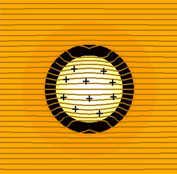 This diagram shows one of the core-shell nanoparticles embedded in a host material, as described in a paper in <i>Advanced Materials</i>. The motion of electrons, as shown by brown lines, is bent in such a way that they appear to be unaffected by the presence of the particle, thus allowing them to pass with little resistance.