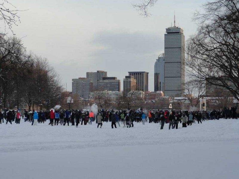 A student-organized snowball fight broke out on Killian Court on Saturday after the height of the storm had passed.