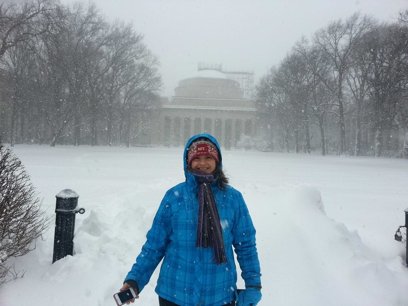 The snow reduced visibility on Killian Court.