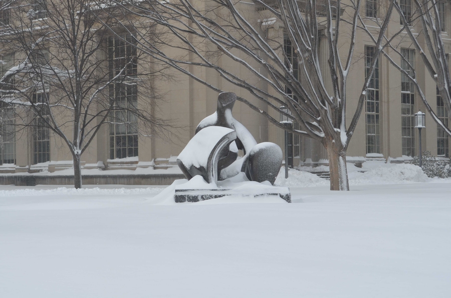 A sculpture near Killian Court has a new look following the blizzard.