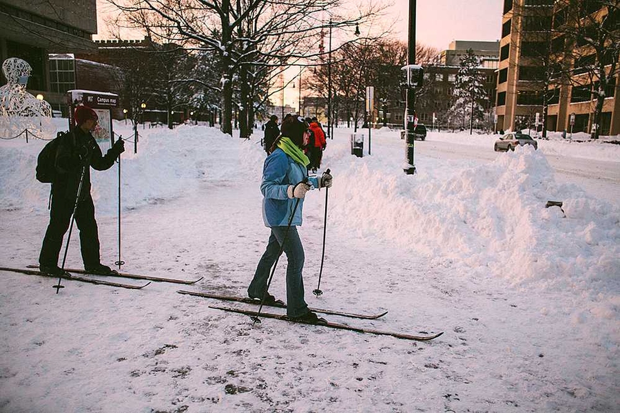 Some preferred to traverse campus on skis.