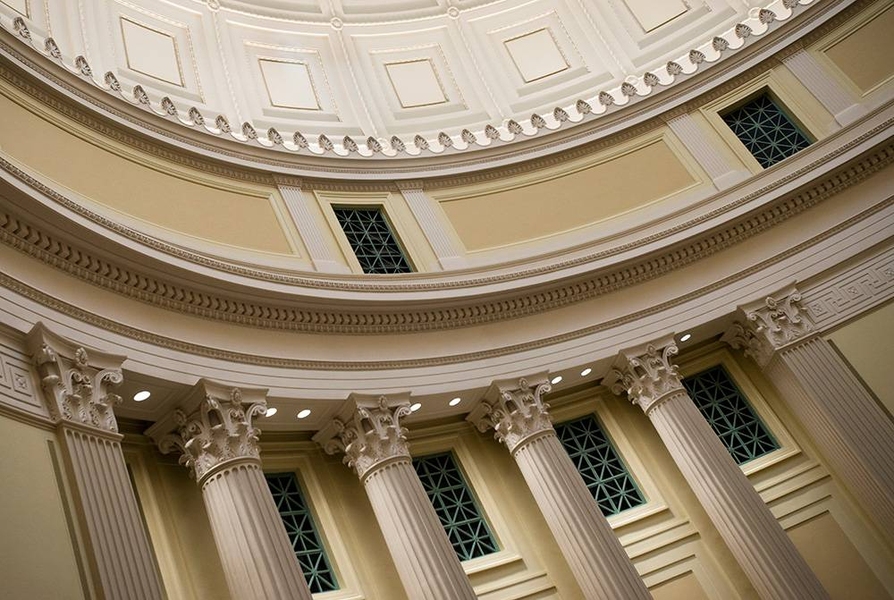 A paint-restoration company took core samples in strategic locations throughout the reading room to determine its original colors. The interior of the dome has been repainted in these original colors.