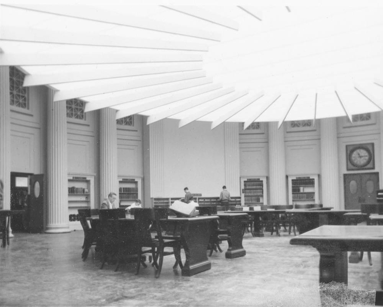 In the early 1950s, a plastic disc that was suspended about 20 feet above the library floor was installed.