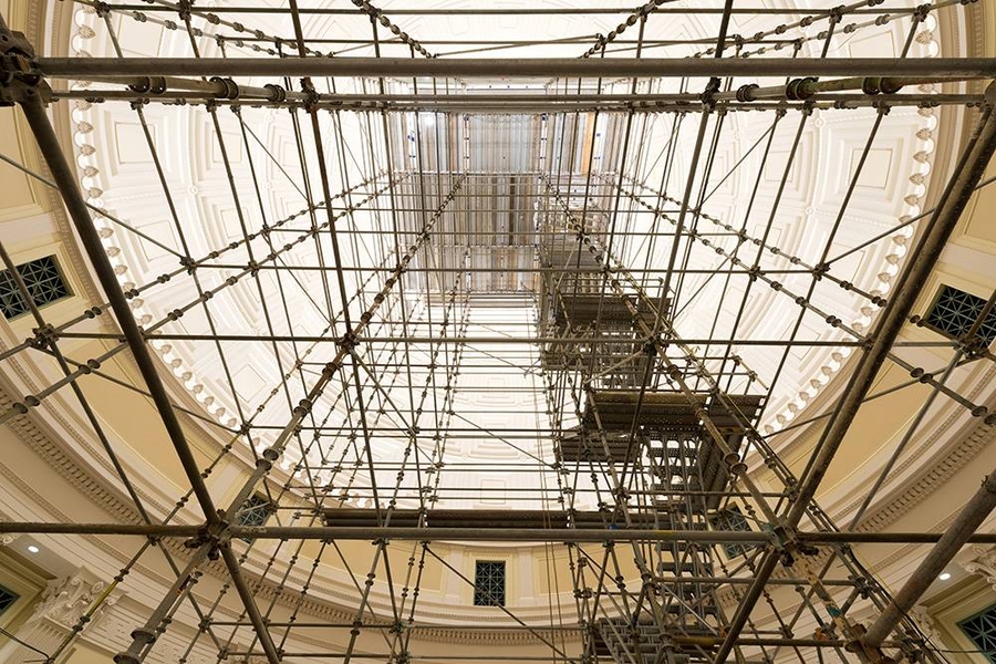 A view of staging setup in the Barker Library reading room 
rotunda.