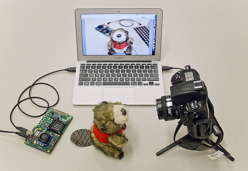 This image shows a setup of a demonstration system that integrates the processor with DDR2 memory and connects with a camera and a display through the USB interface. The system provides a platform for live computational photography.