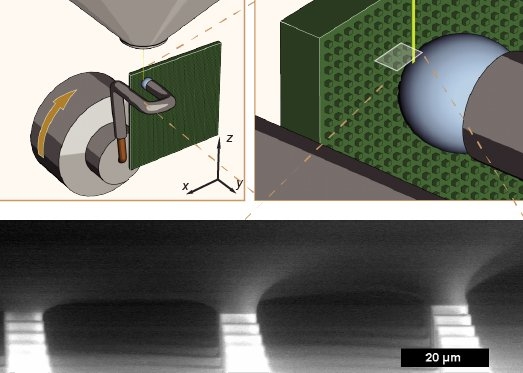An illustration of the setup that MIT researchers used to image the tiny 'necks' that form where a droplet contacts a surface. The image at the bottom shows the base of an actual water droplet moving across the surface and was taken using a special scanning electron microscope. 