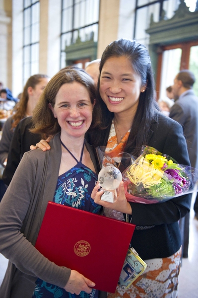 Kimberly Benard (left), recipient of the 2012 Laya Wiesner Community Award, and Stephanie Lin (right), recipient of the 2012 Priscilla King Gray Award at the 2012 MIT Awards Convocation reception.
