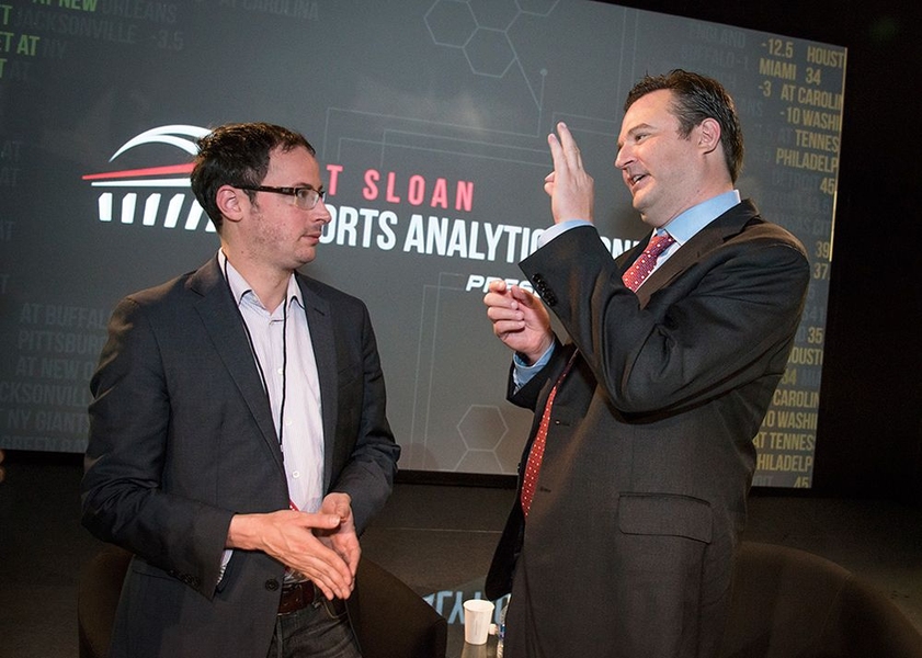 Election forecaster Nate Silver (left) spoke with Daryl Morey MBA ’00, general manager of the NBA’s Houston Rockets and co-founder of the conference.