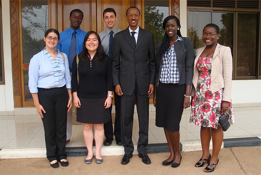 Simmons and the D-Lab team meet with Paul Kagame (center), president of Rwanda.
