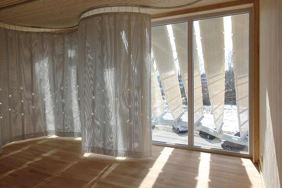 A view of the interior showing 'smart' curtain and LED lights.