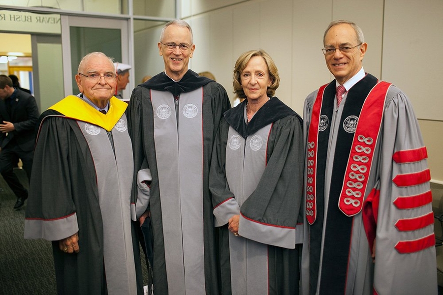 Four of MIT's presidents (from left), Paul Gray, Charles Vest, Susan Hockfield, and the current president, L. Rafael Reif.