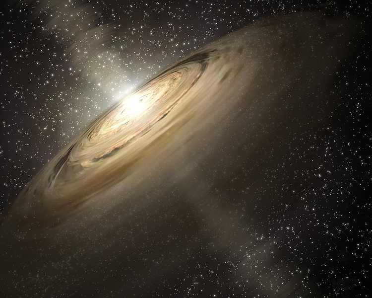 This artist's rendering shows a solar system that is a much younger version of our own. Dusty disks, like the one shown here circling the star, are thought to be the breeding grounds of planets, including rocky ones like Earth.