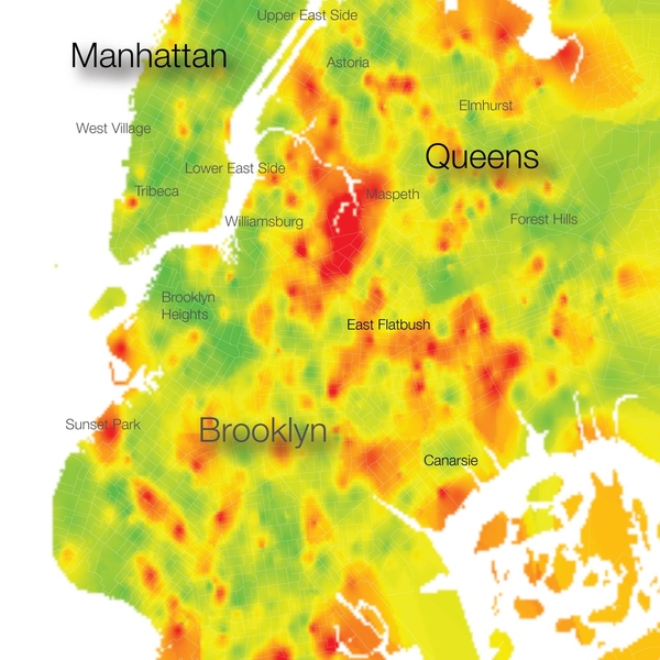 A color-coded map of the perceived safety of New York City neighborhoods, based on Web volunteers' comparisons of images extracted from Google Maps' "street view" archive.