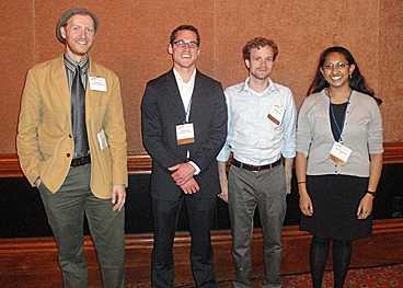 From left: Eric Hittinger, the USAEE case competition coordinator, poses with MIT students Michael Craig, Michael Davidson and Ashwini Bharatkumar.