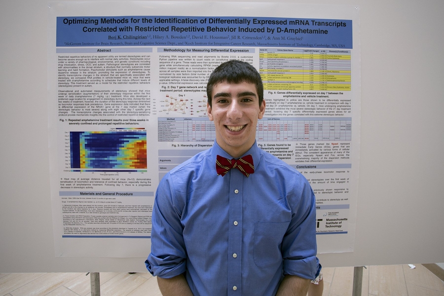 For his project Berj Chilingirian '16, a double major in applied mathematics and computer science, sought to isolate genes associated with stereotypies, or repetitive behaviors. "You want to find genes that are very specific to a certain action in the body," he said, "and how you can target those genes with some kind of therapy."