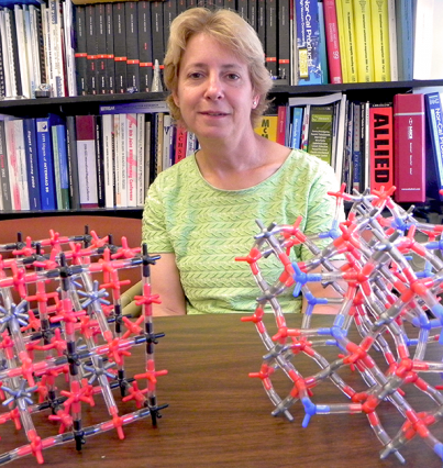 Caroline Ross uses models to demonstrate the crystal structures of complex metal oxides, such as spinel and perovskite phases.