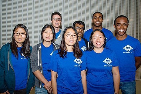 HKN Leaders gather at the Media Lab. Back row (from left): Benoit Landry, co-webmaster; Rishabh Kabra, Underground Guide editor; Cody Coleman, president; and Dawit Zewdie, vice president. Front row (from left): Helen Li, co-webmaster; Erika Ye, resume book chair; Yin Fu Chen, women's outreach; and Stephanie Chang, corresponding secretary and Eligibles chair.