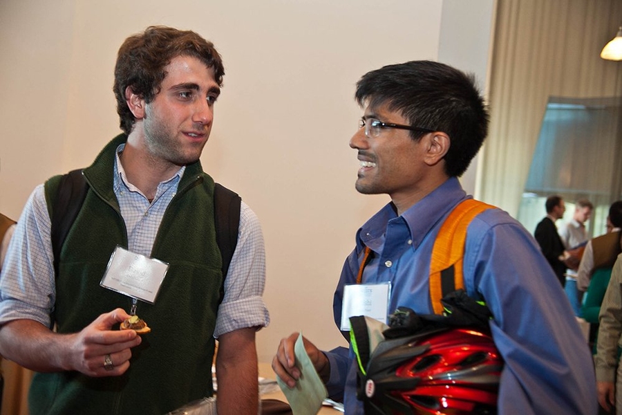 SuperUROP students David Couto and Rishi Patel were two of the 80 students who gathered for the Sept. 26 reception following the SuperUROP seminar class, 6.UAR that covers topics in Undergraduate Advanced Research.