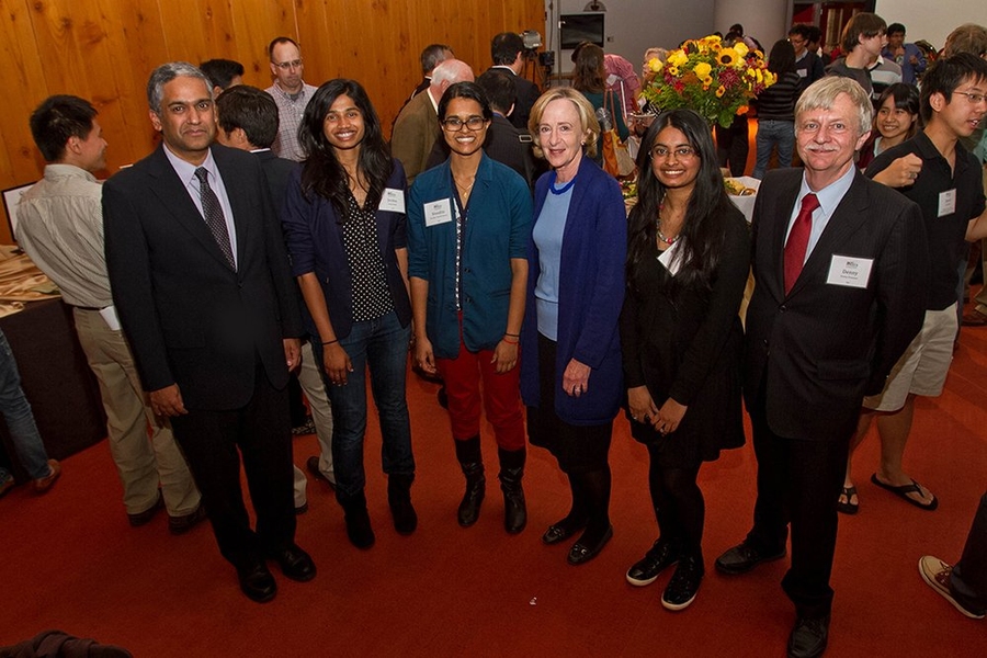 The teaching staff for the SuperUROP class 6.UAR, including (from left) Anantha Chandrakasan, Jesika Haria, Nivedita Chandrasekaran, with Susan Hockfield, Aakanksha Sarda and EECS professor and MIT Dean for Undergraduate Education, Dennis Freeman.