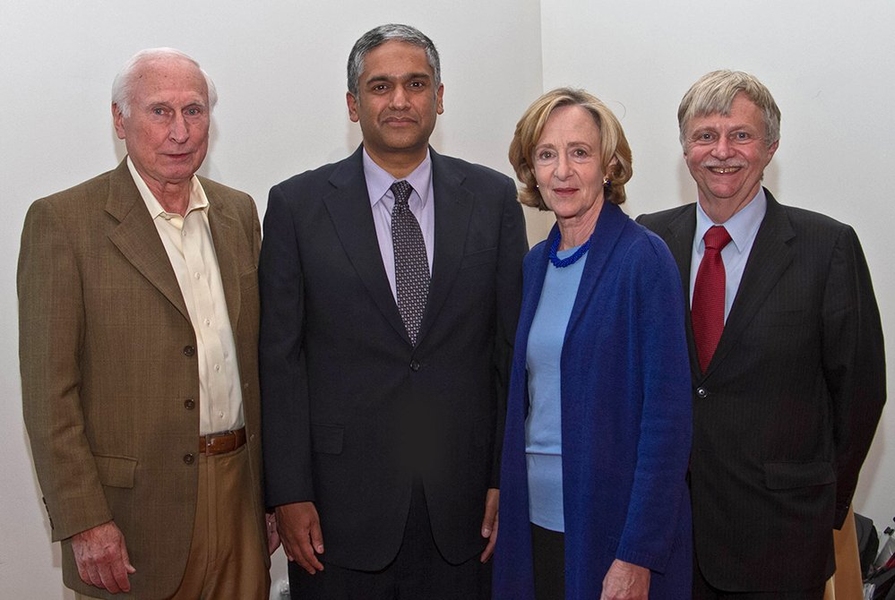 From left: Ray Stata, Anantha Chandrakasan, Susan Hockfield, and Dennis Freeman pose at reception.