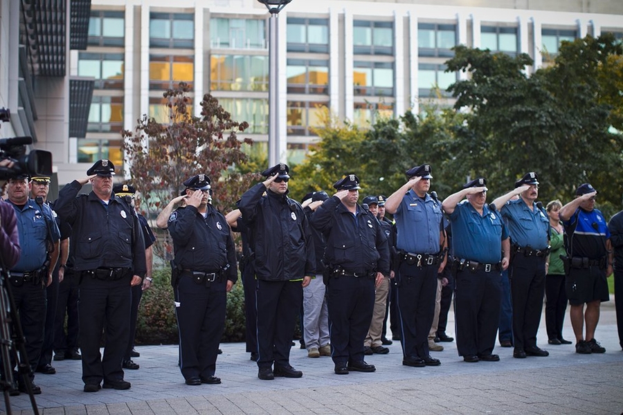 Nearly 50 MIT Police officers stood at attention at the start of this morning's ceremony.